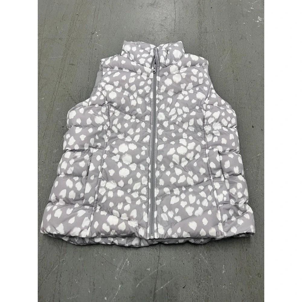 Lands' End Puffer Vest Girls L 14-16 Gray Leopard Print Down Full Zip‎ Winter